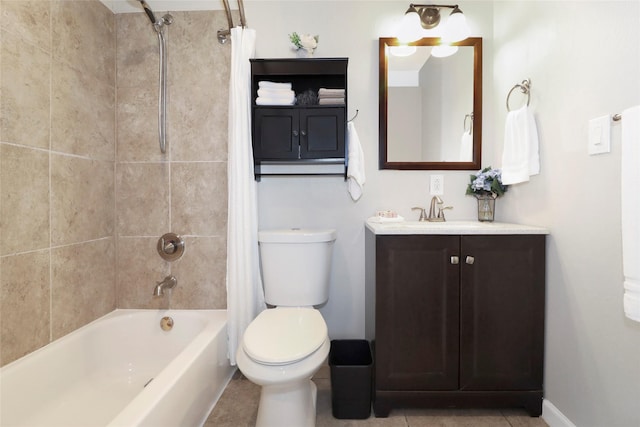 full bath featuring toilet, tile patterned flooring, shower / tub combo with curtain, and vanity