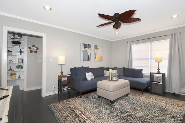 living room featuring ornamental molding, recessed lighting, baseboards, and a ceiling fan