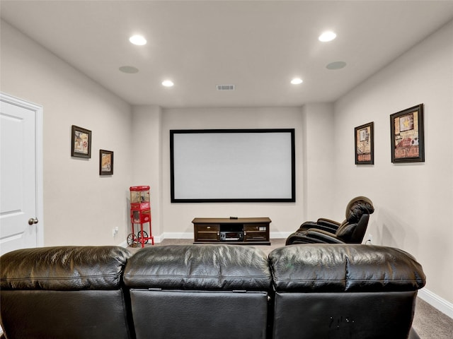 home theater featuring recessed lighting, carpet flooring, visible vents, and baseboards