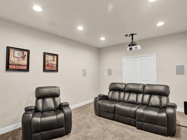 cinema featuring recessed lighting, carpet, and baseboards