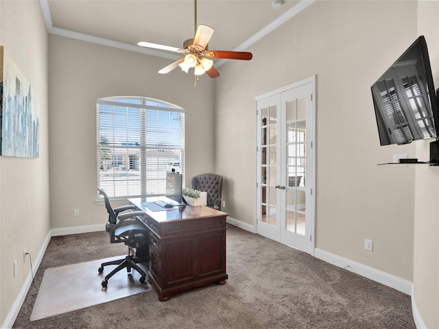 office area featuring ceiling fan, carpet floors, baseboards, french doors, and crown molding