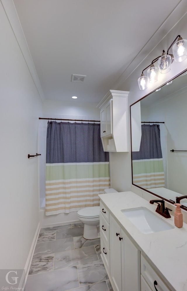 full bath with marble finish floor, shower / bath combination with curtain, visible vents, toilet, and vanity