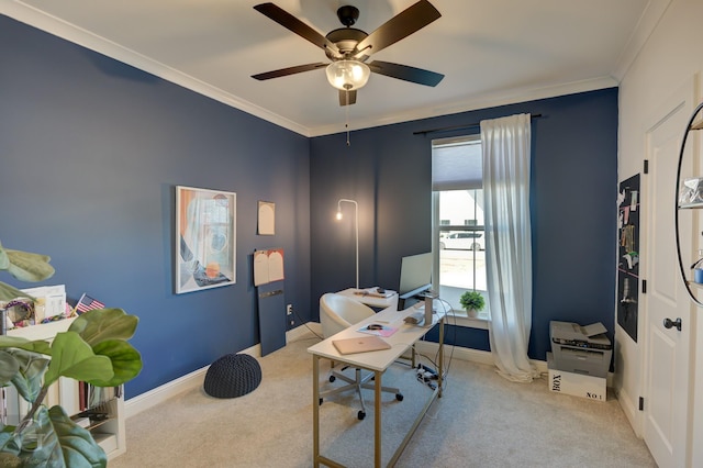 office area with light carpet, baseboards, and crown molding