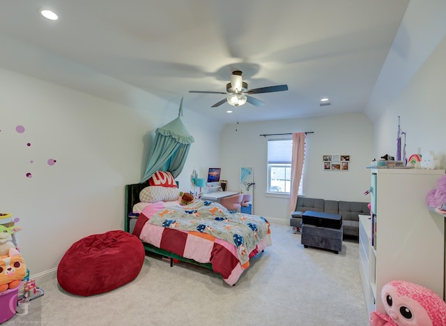 bedroom featuring baseboards, recessed lighting, a ceiling fan, and light colored carpet