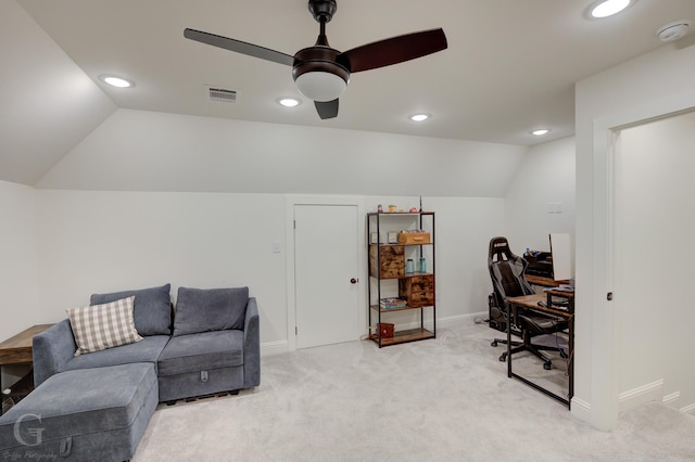 home office with lofted ceiling, visible vents, light carpet, and recessed lighting