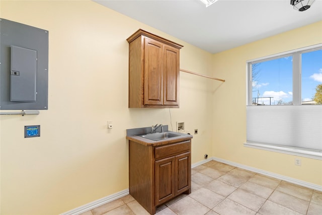 laundry area with hookup for a washing machine, cabinet space, a sink, electric dryer hookup, and electric panel