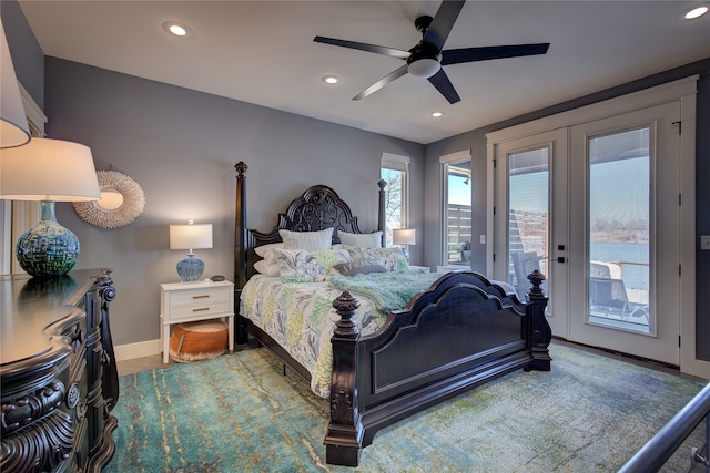 bedroom featuring baseboards, ceiling fan, access to exterior, french doors, and recessed lighting