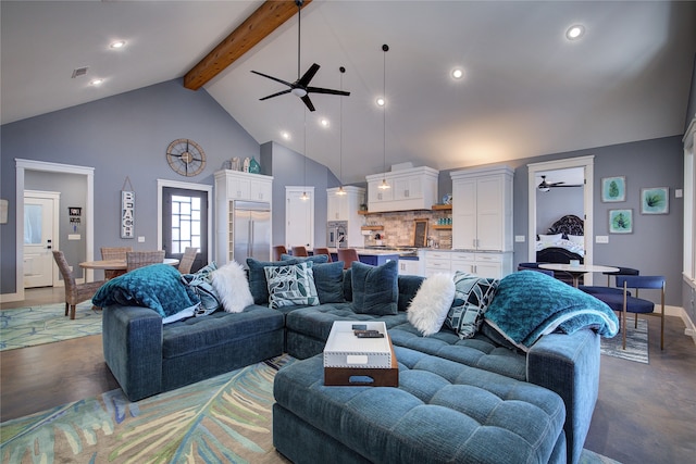 living room with beam ceiling, recessed lighting, visible vents, ceiling fan, and high vaulted ceiling