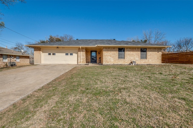 single story home featuring a garage, brick siding, fence, driveway, and a front lawn