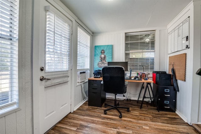 home office featuring cooling unit and wood finished floors