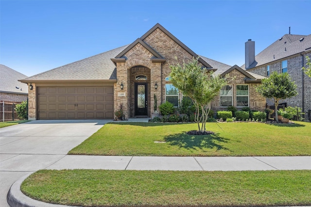 french country inspired facade with a front yard, concrete driveway, brick siding, and an attached garage