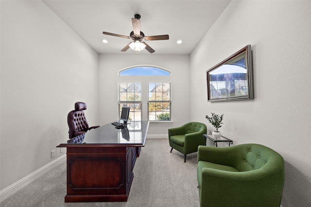 office area with light carpet, recessed lighting, a ceiling fan, and baseboards