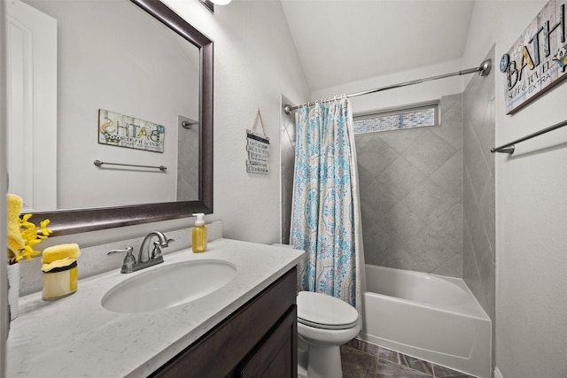 bathroom featuring toilet, shower / bathtub combination with curtain, and vanity