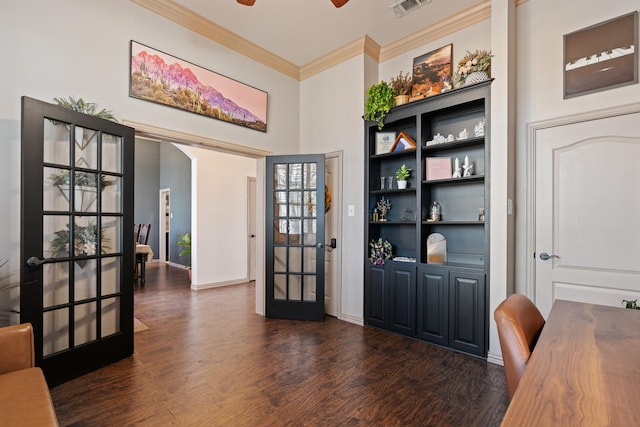 5809 Downing Ln, Joshua, TX 76031 - unfurnished office featuring crown molding, dark wood-style floors, french doors, ceiling fan, and baseboards