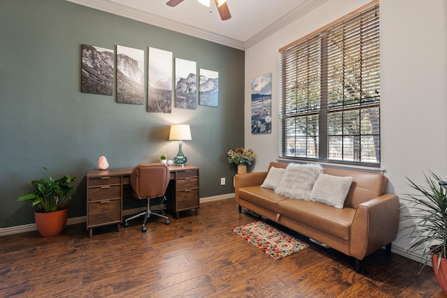 office featuring baseboards, wood-type flooring, a ceiling fan, and crown molding