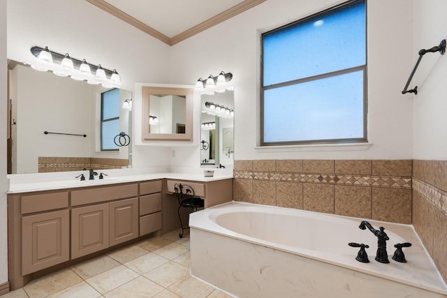 full bathroom with a garden tub, tile patterned flooring, ornamental molding, and vanity