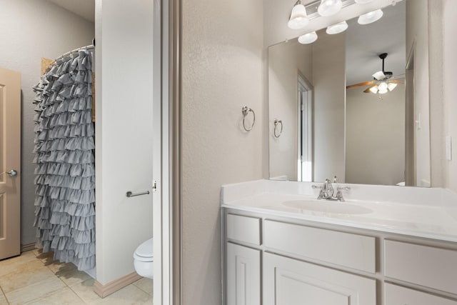 full bath featuring toilet, tile patterned flooring, a ceiling fan, and vanity