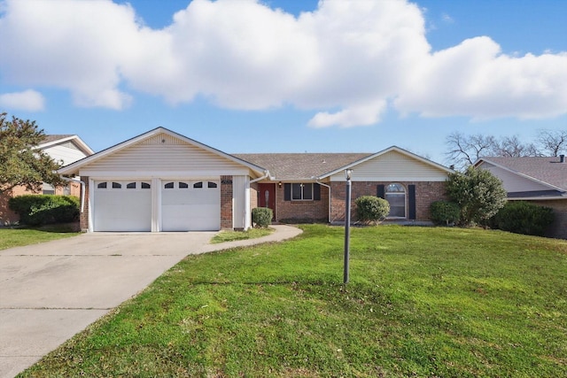 ranch-style home featuring a garage, driveway, a front yard, and brick siding