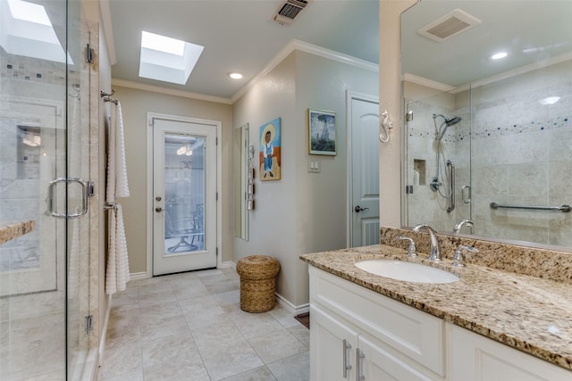 full bathroom with a shower stall, visible vents, and crown molding