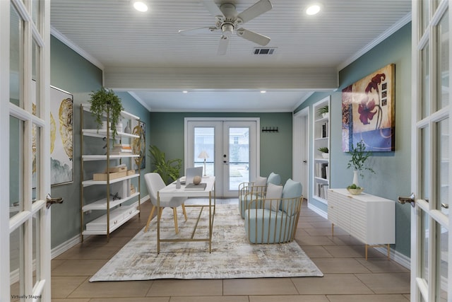 sitting room with french doors, crown molding, recessed lighting, visible vents, and baseboards