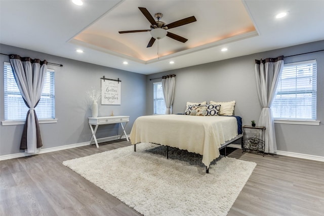 bedroom with a tray ceiling, baseboards, and wood finished floors