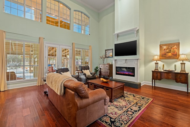 living area with dark wood-style floors, baseboards, a glass covered fireplace, and crown molding