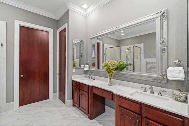 full bathroom featuring double vanity, marble finish floor, a shower stall, and a sink