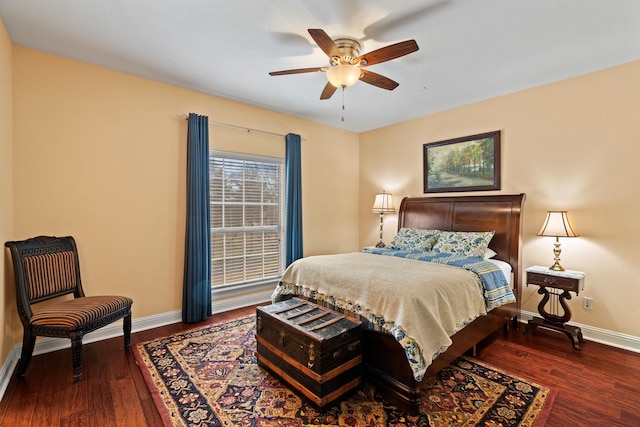 bedroom featuring dark wood-style floors, ceiling fan, and baseboards