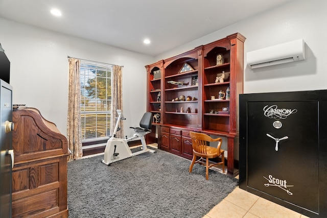 office area with light tile patterned floors, recessed lighting, and a wall mounted air conditioner