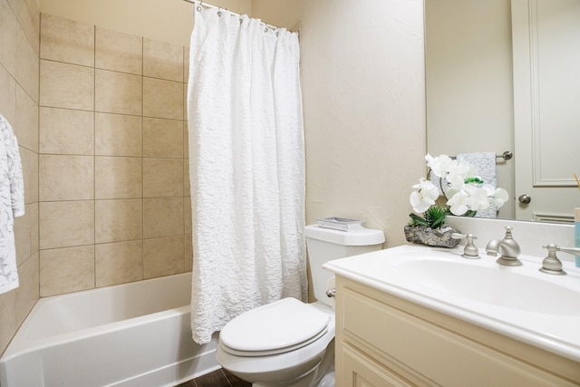 full bath featuring shower / tub combo, vanity, and toilet