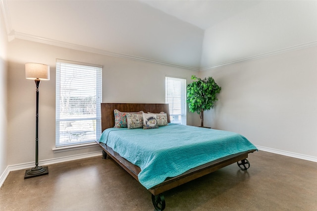 bedroom with baseboards, multiple windows, finished concrete floors, and crown molding