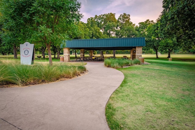 view of community featuring a gazebo and a lawn