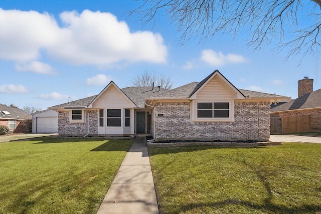 ranch-style house with brick siding, a front yard, and fence