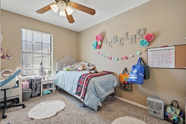 bedroom featuring carpet floors, ceiling fan, and baseboards