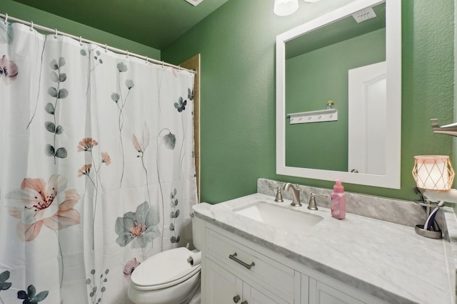 bathroom featuring toilet, vanity, and a textured wall