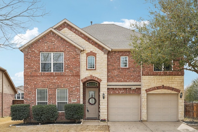 view of front of home with brick siding, an attached garage, roof with shingles, and driveway