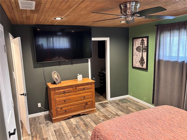 bedroom featuring visible vents, a ceiling fan, wood finished floors, wooden ceiling, and baseboards