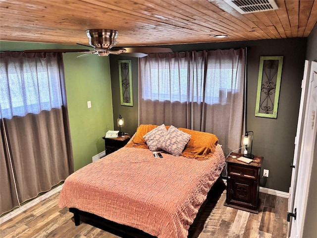 bedroom featuring wooden ceiling, baseboards, visible vents, and wood finished floors