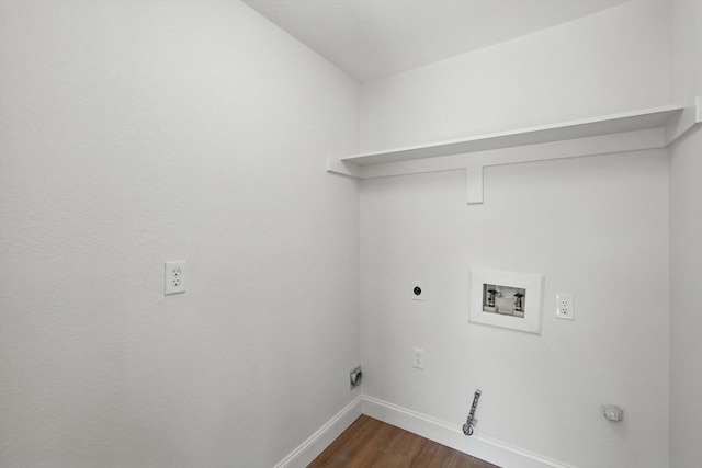 laundry room featuring laundry area, baseboards, gas dryer hookup, dark wood-style floors, and hookup for a washing machine