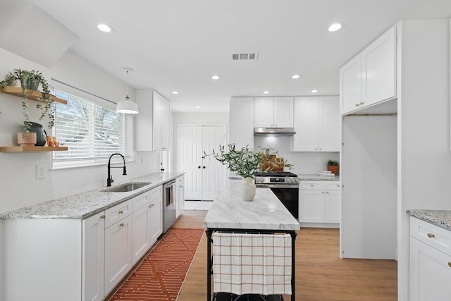 kitchen with stainless steel appliances, visible vents, white cabinetry, a sink, and under cabinet range hood