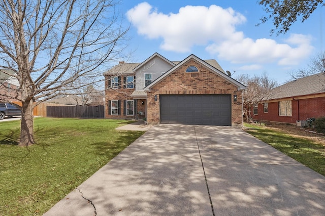 traditional home with a garage, brick siding, fence, concrete driveway, and a front lawn