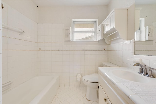 bathroom with a tub, tile walls, toilet, and tile patterned floors