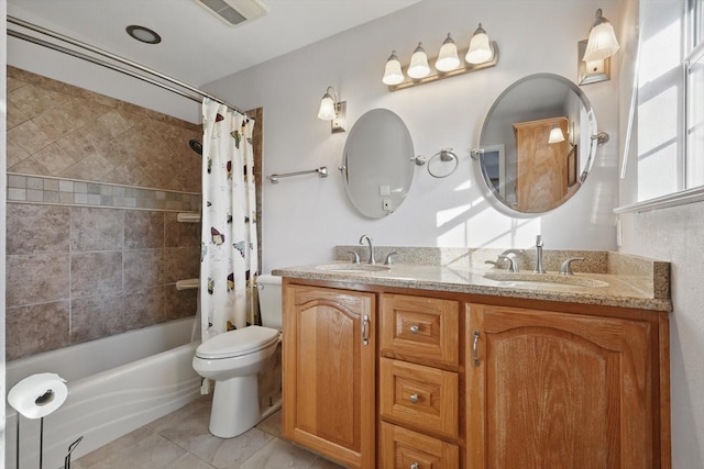 full bathroom with shower / bathtub combination with curtain, toilet, double vanity, and a sink