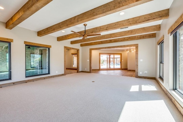 9577 Vail Eton Dr, Pilot Point, TX 76258 - unfurnished living room with baseboards, beamed ceiling, recessed lighting, light carpet, and a ceiling fan