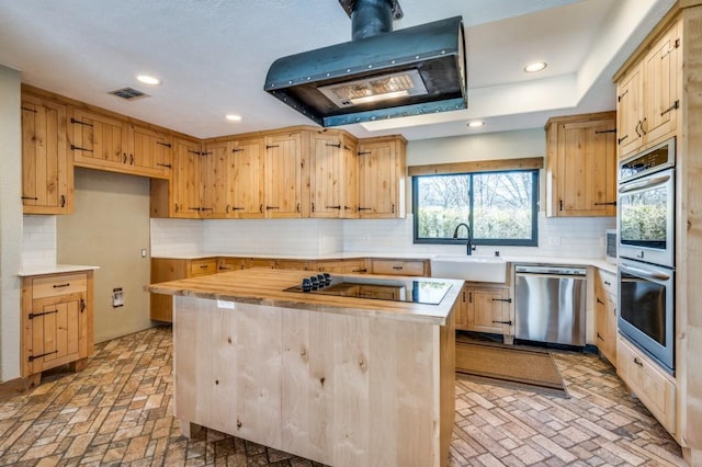 9577 Vail Eton Dr, Pilot Point, TX 76258 - kitchen with appliances with stainless steel finishes, a sink, ventilation hood, brick flooring, and recessed lighting