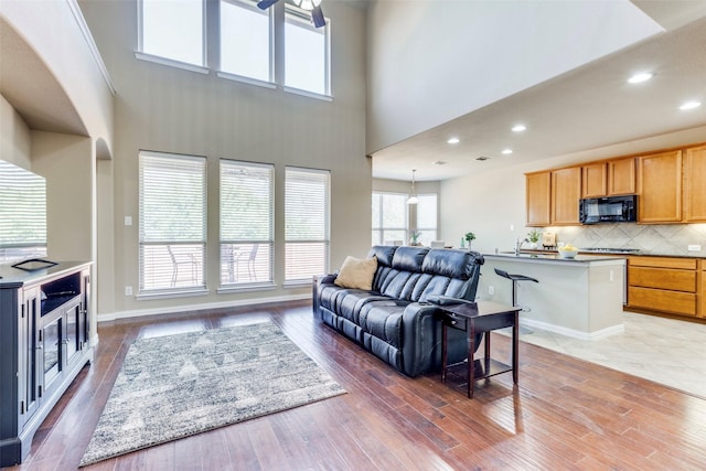 living area featuring recessed lighting, baseboards, and light wood finished floors