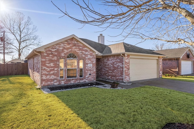 ranch-style home featuring a front lawn, a chimney, fence, and aphalt driveway