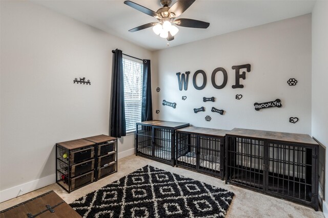 bedroom featuring a ceiling fan, carpet flooring, and baseboards