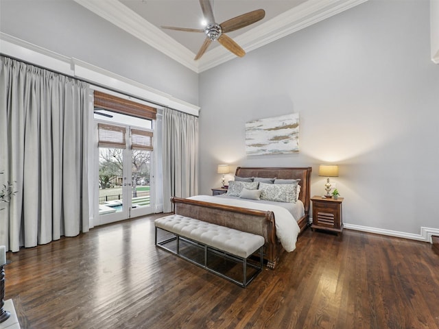 bedroom with access to exterior, ornamental molding, wood finished floors, and french doors