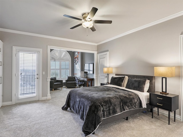 bedroom featuring light carpet, access to outside, and ornamental molding